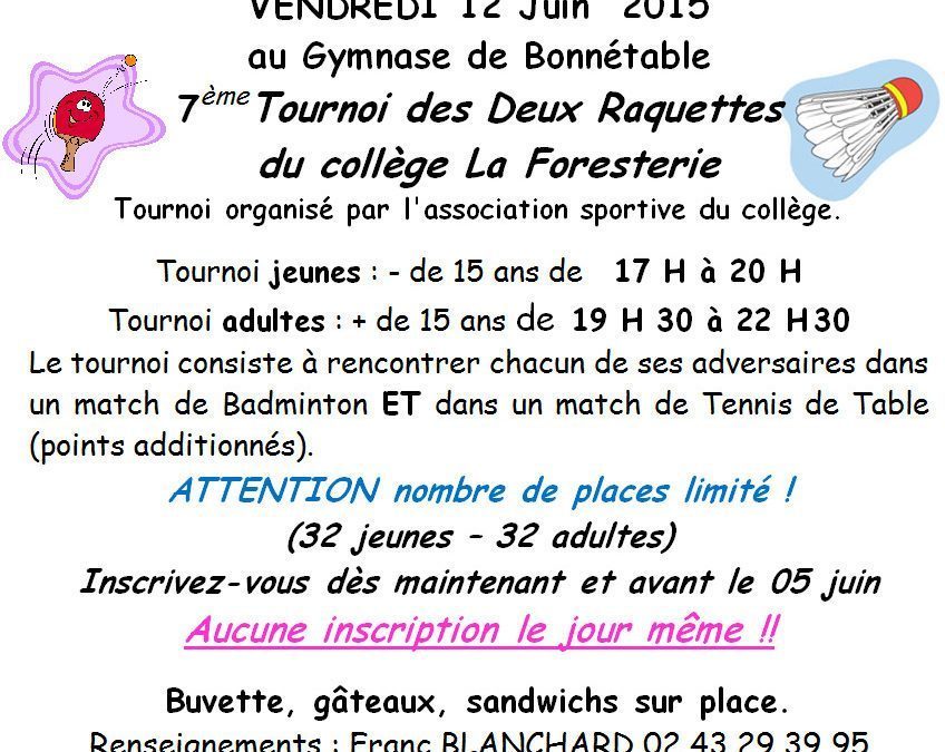 7ème tournoi des 2 raquettes- renseignements et inscriptions